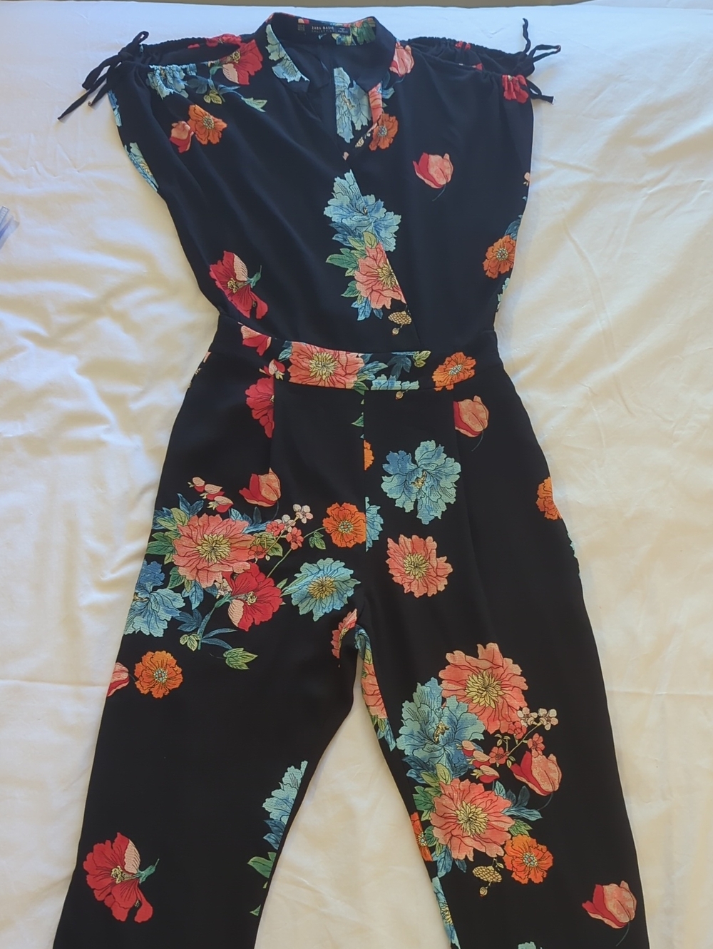 Floral Black Women's Jumpsuit with Tie-Shoulder Detail - Zara